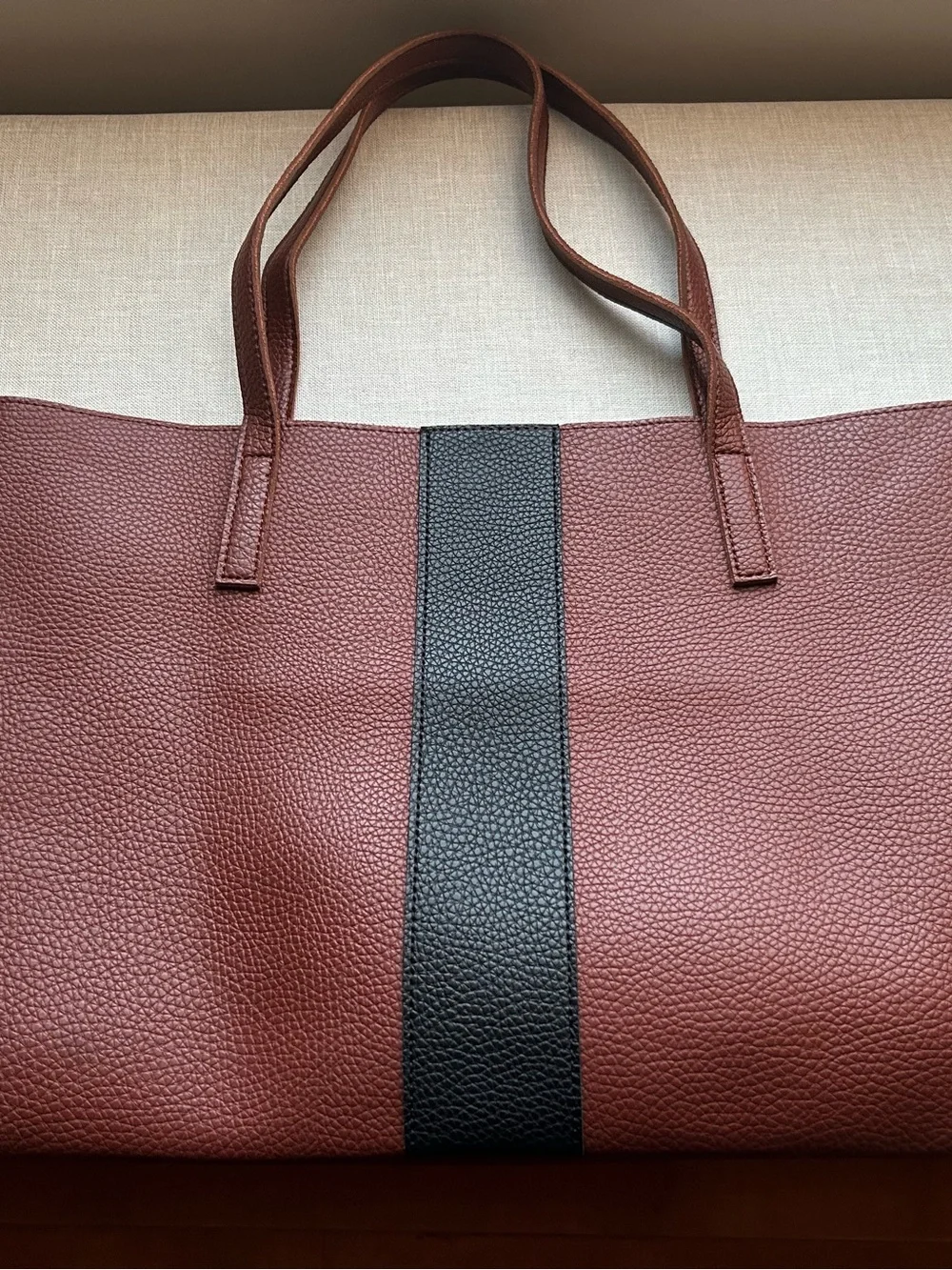 Vince Camuto, Brown Vegan Pebbled Leather Tote Bag with Black Stripe